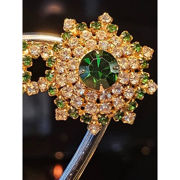 Vintage Hobe‎ Emerald Green Rhinestone Earrings Gold Tone Starburst Roller Clip - Picture 3 of 7